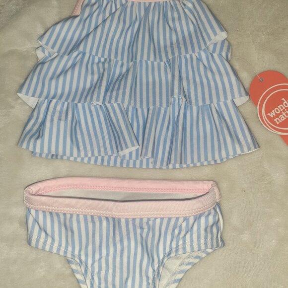 NEW! WONDERNATION 2 PC SWIMSUIT STRIPED RUFFLED TANKINI-INFANT GIRLS SIZE 0-3M - Picture 2 of 3